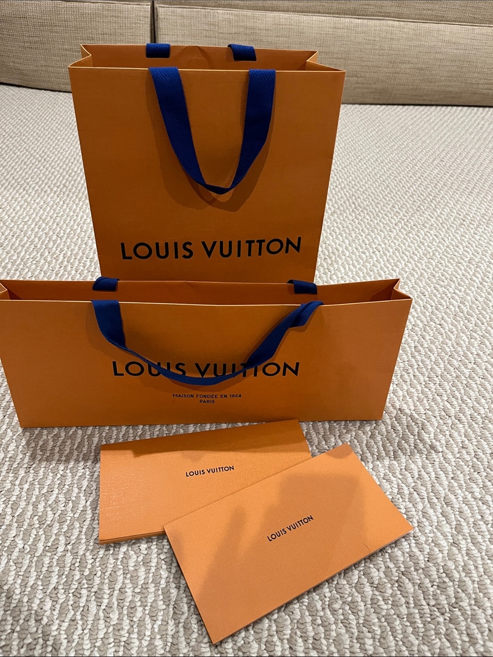 Louis Vuitton Orange Gift Bag with Blue Ribbon Handles and Orange Branded Cards